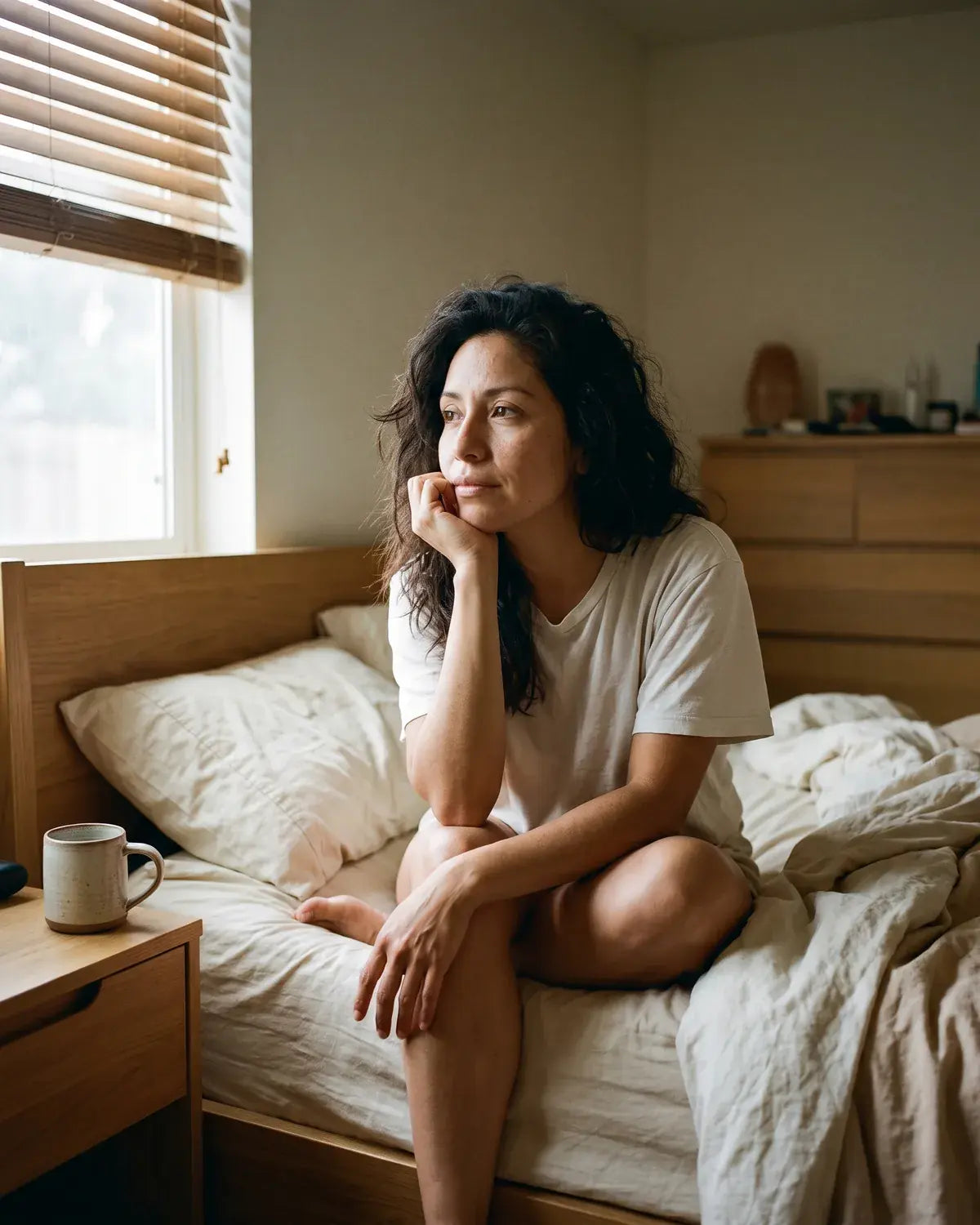 Mujer recién despierta sentada al borde de la cama con la luz de la mañana entrando por la ventana