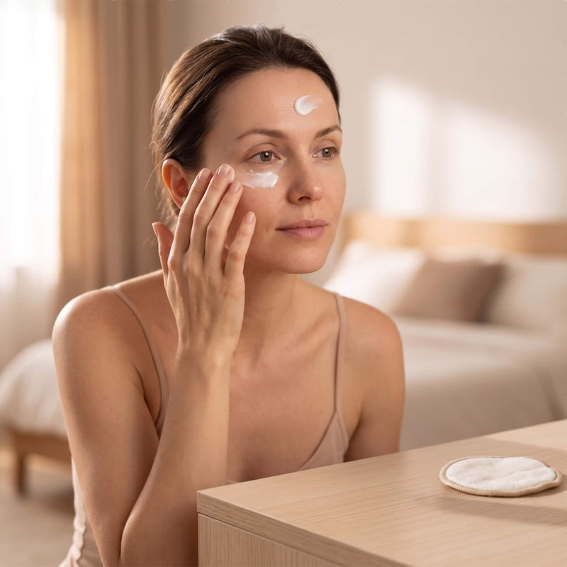 Mujer aplicándose la crema frente a la cama por la mañana