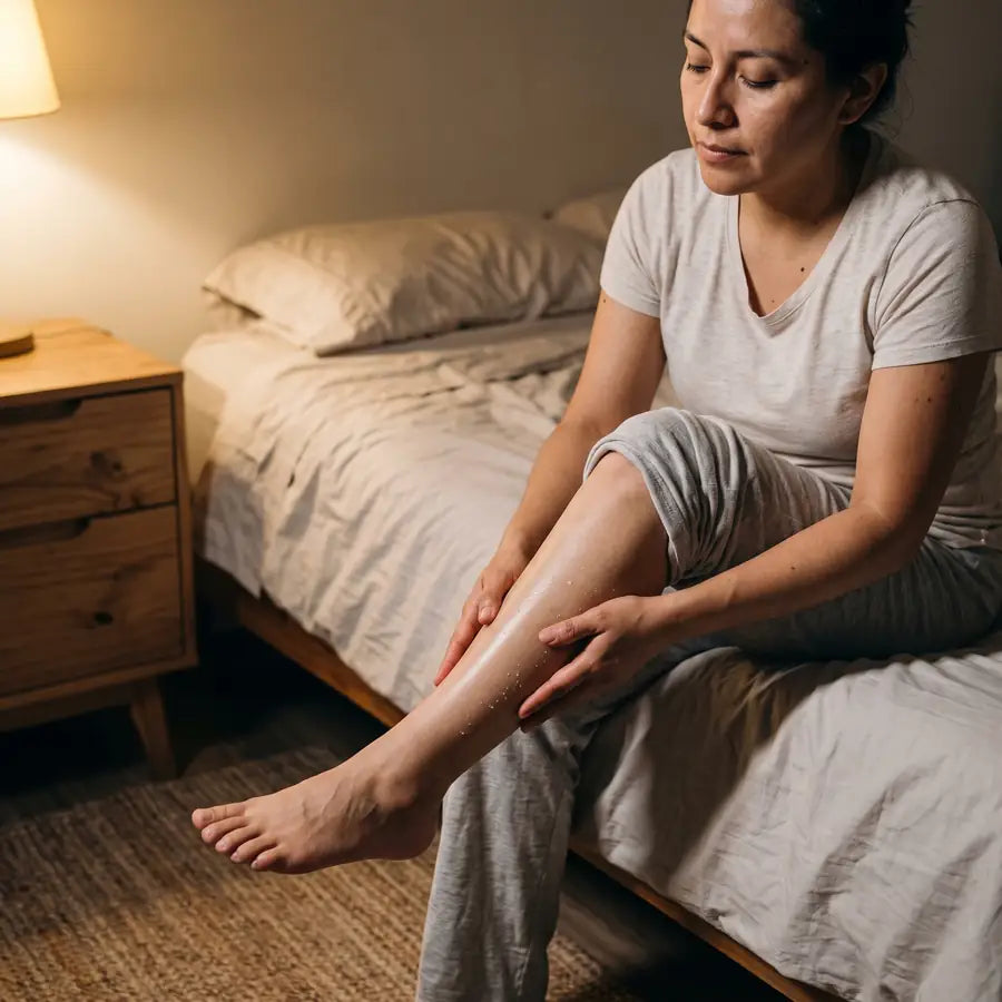 Mujer sentada en la orilla de su cama por la noche, masajeándose la pantorrilla