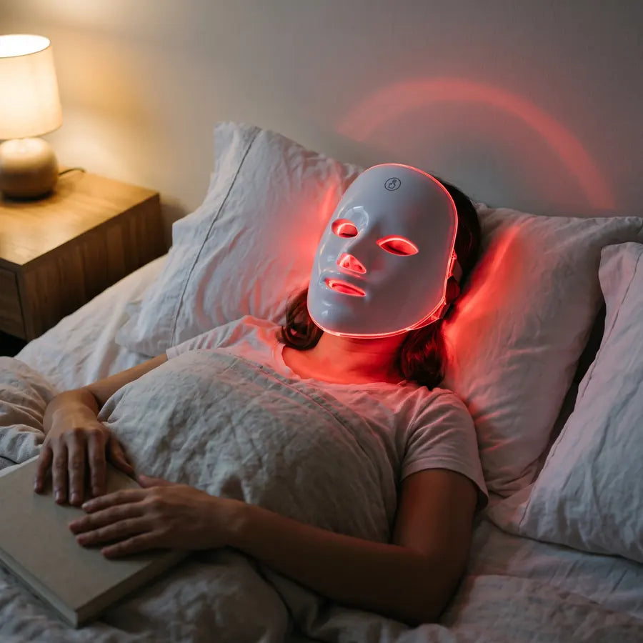 Mujer recostada en su cama por la noche con la máscara LED encendida en rojo y los ojos cerrados