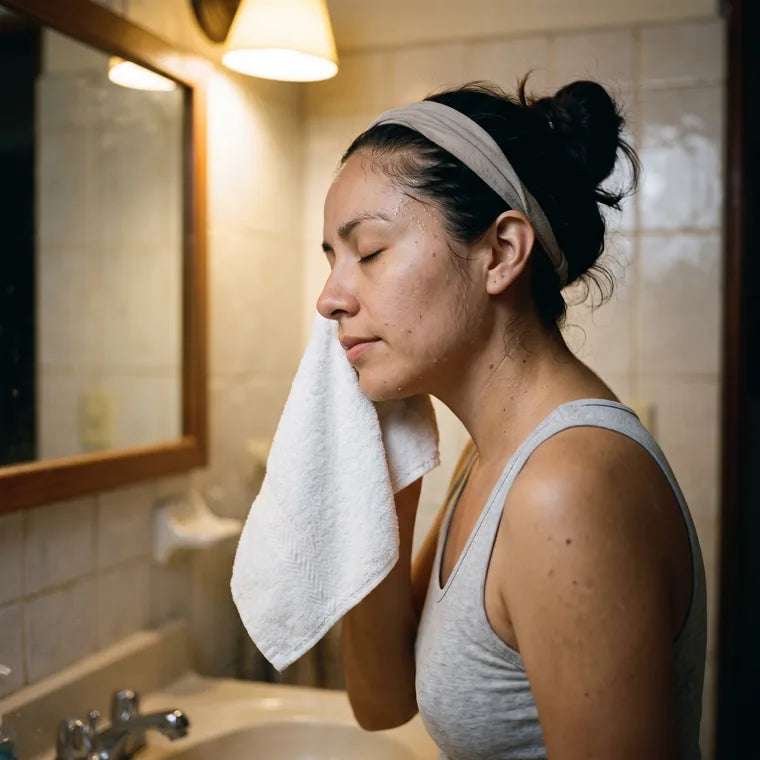 Mujer secándose la cara a toquecitos con una toalla blanca frente al lavabo