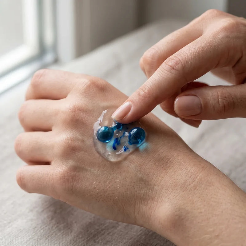 Dorso de una mano con gel transparente y perlas azules deshaciéndose en vetas