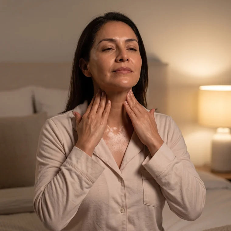 Mujer en la cama por la noche dándose un masaje en el cuello con las dos manos
