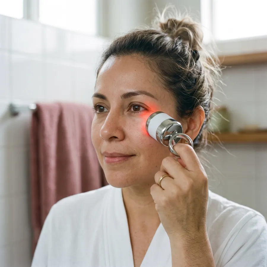 Mujer en su baño deslizando bajo el ojo la varita masajeadora, con la luz roja encendida sobre la piel
