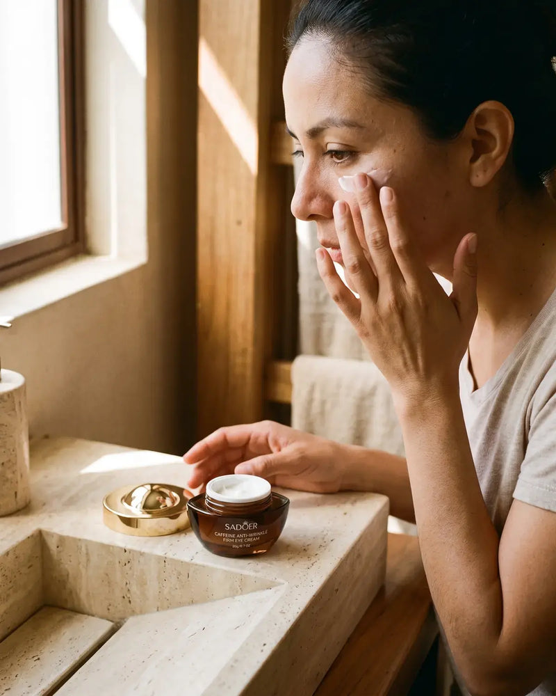 Aplicando la crema bajo el ojo con el dedo anular