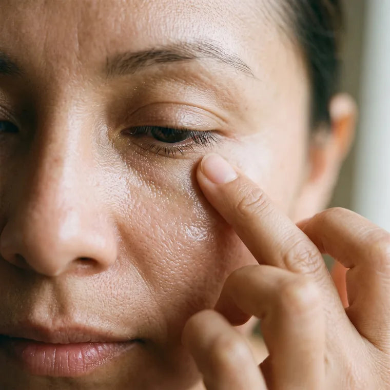 Primer plano del dedo anular dando golpecitos bajo el ojo, sobre el pómulo