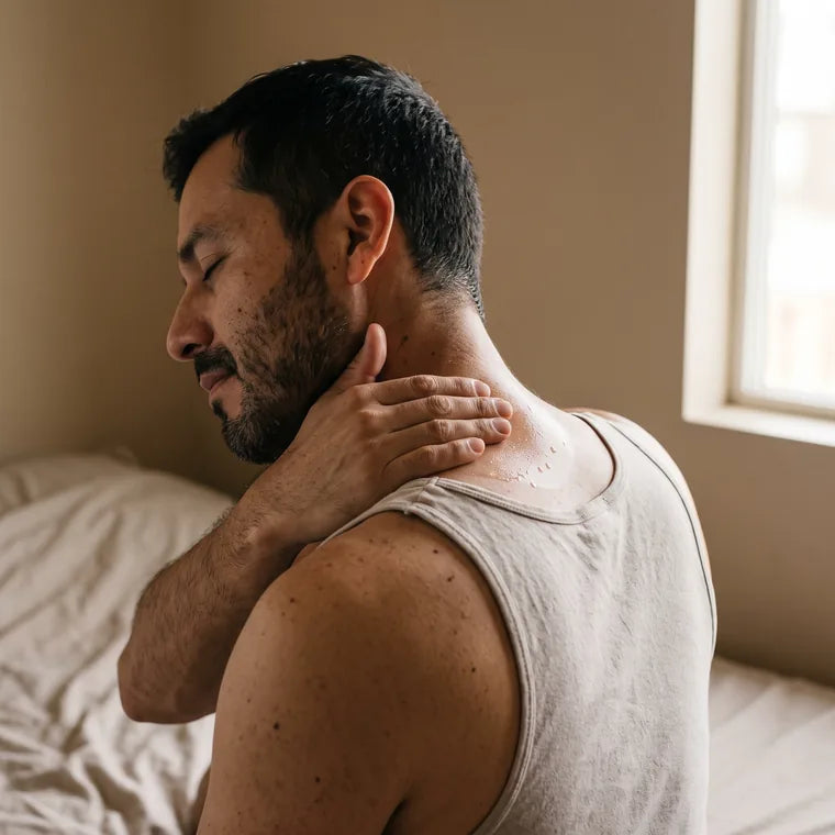 Hombre aplicándose el producto en el cuello y el trapecio