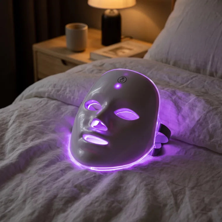 La máscara encendida en morado sobre un edredón blanco, con la luz saliendo por ojos, nariz, boca y borde