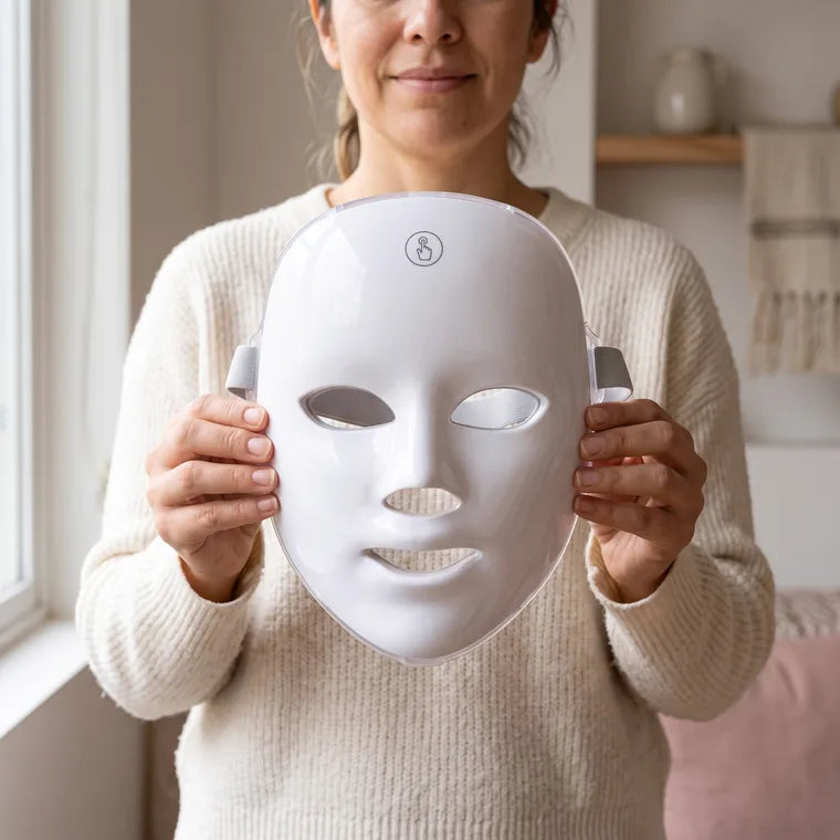 Mujer sosteniendo la máscara con las dos manos a la altura del pecho