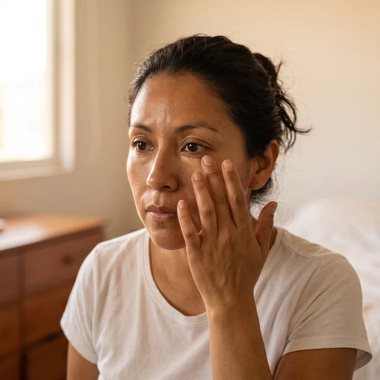 Mujer frente al espejo por la mañana aplicándose corrector bajo el ojo con el dedo