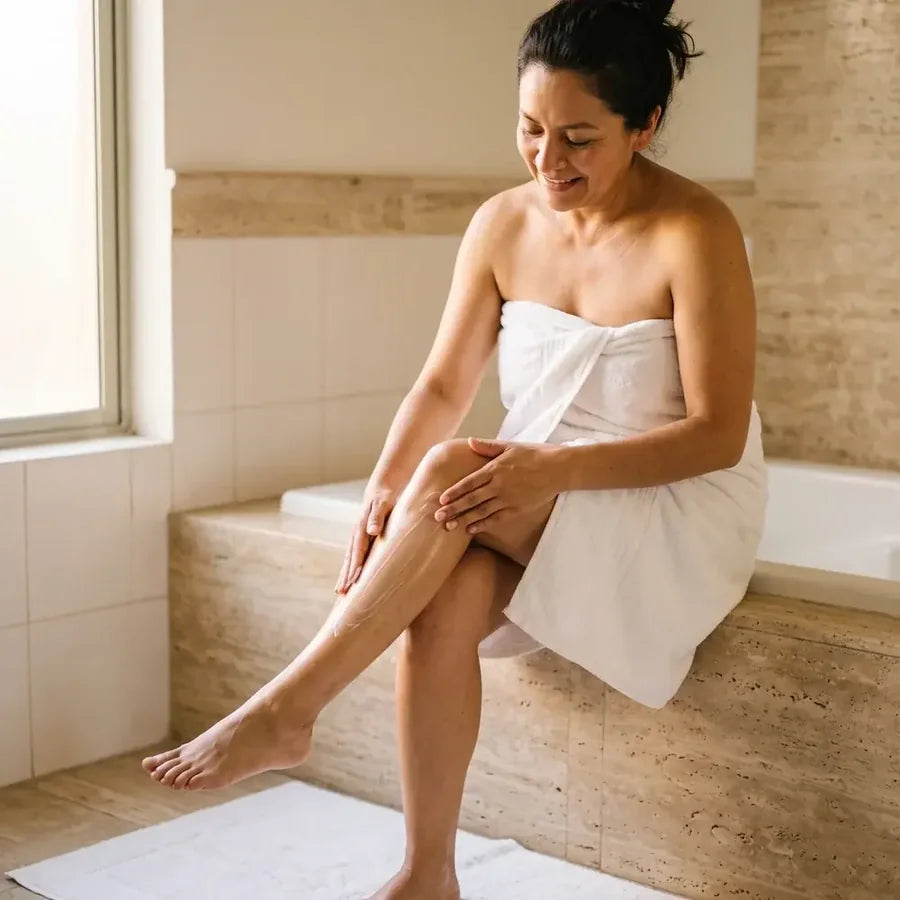 Mujer recién salida de la ducha extendiendo crema color durazno sobre la pierna