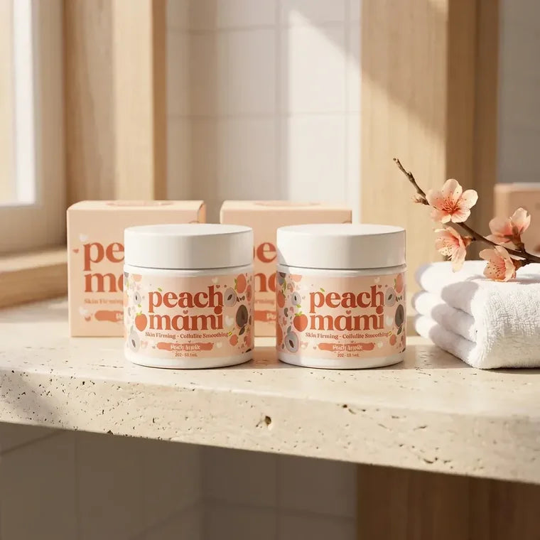 Los dos tarros de Peach Mami en la repisa del baño