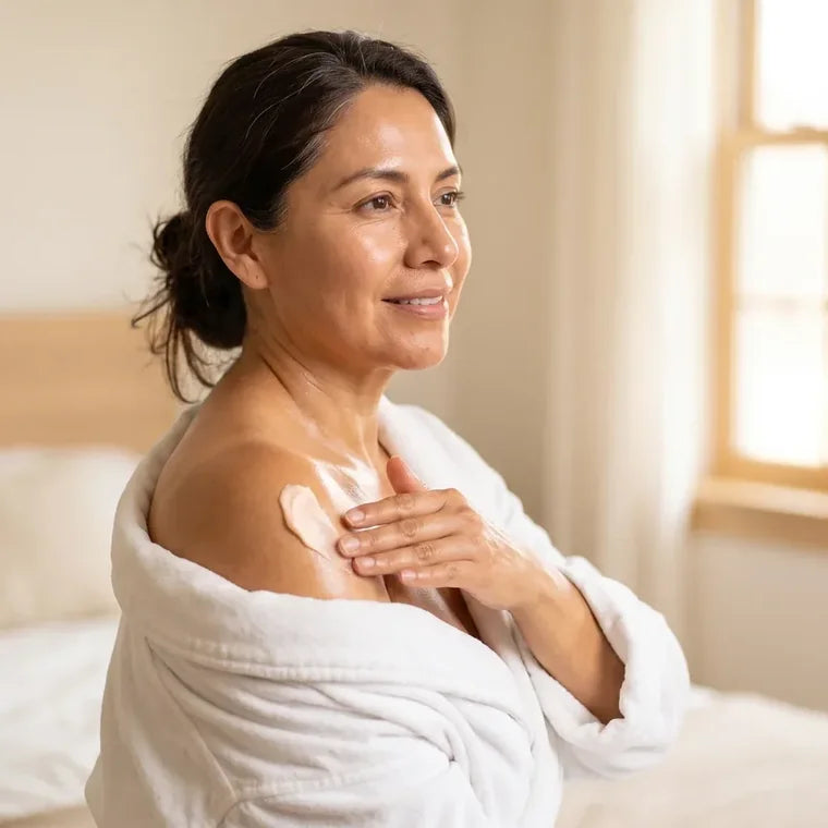 Mujer extendiendo la crema sobre la parte superior del brazo junto a una ventana