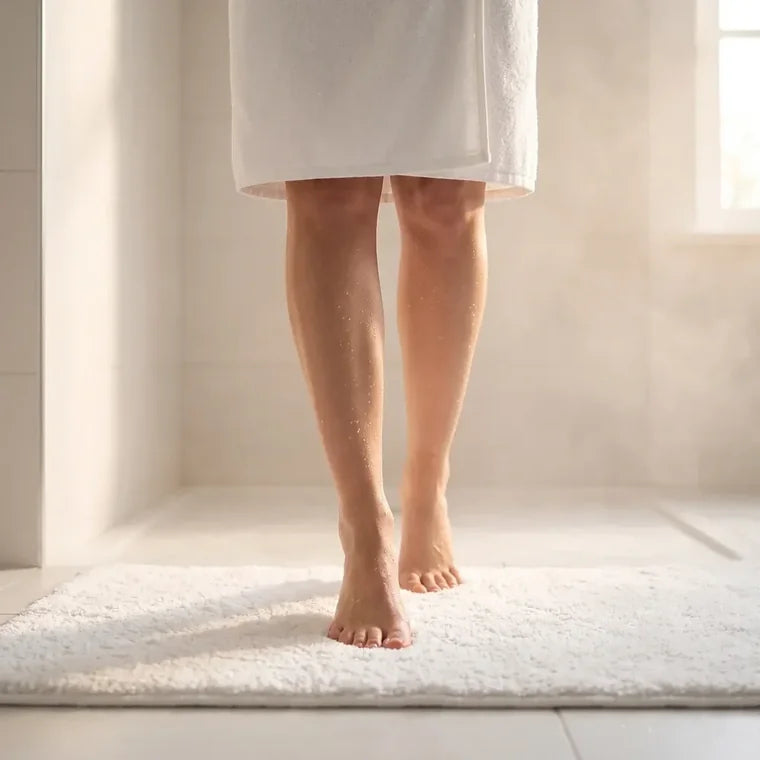 Piernas recién salidas de la ducha sobre un tapete de baño