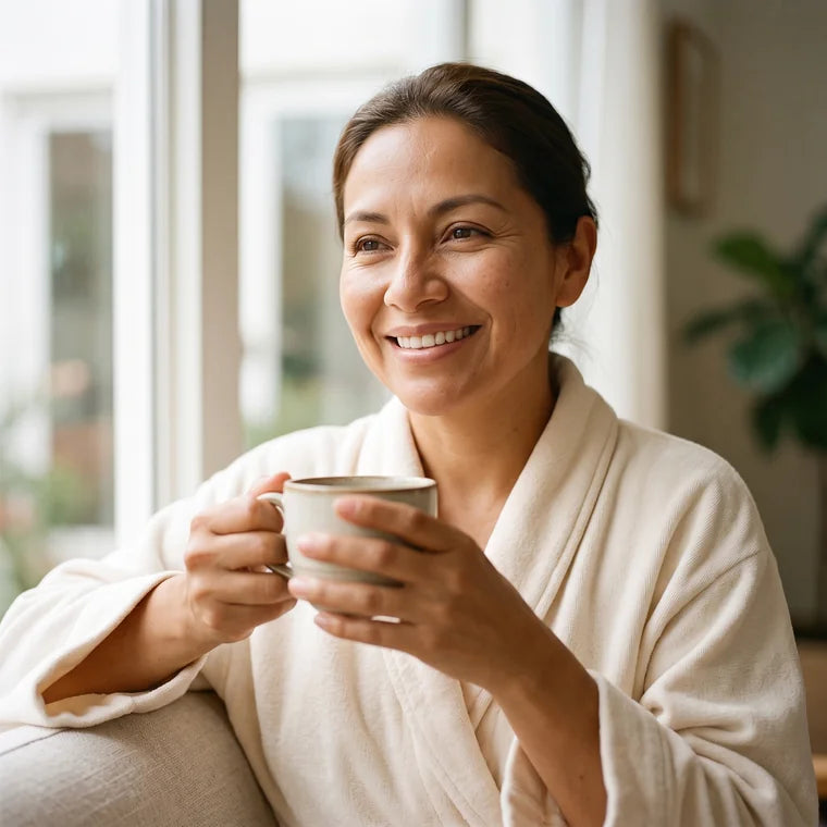 Mujer por la mañana junto a la ventana con una taza de café