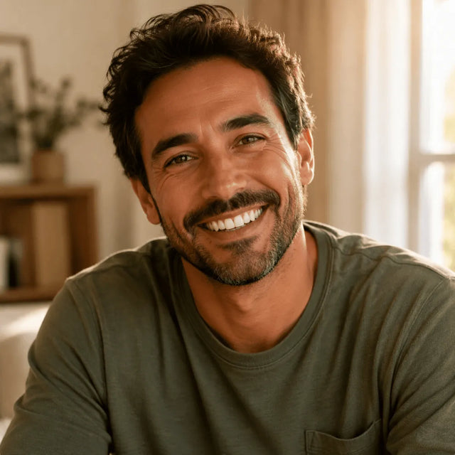 Hombre sonriendo en su casa con luz de ventana