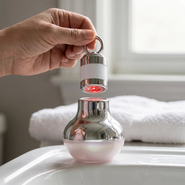 Una mano saca la varita masajeadora del tarro tomándola del aro, con la luz roja de la punta encendida