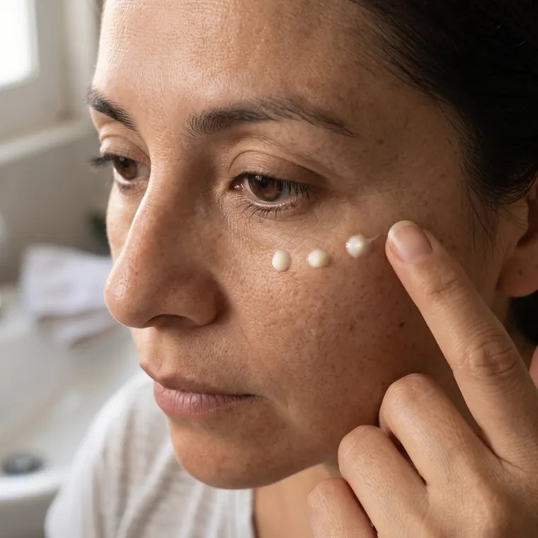 Tres puntitos de crema blanca bajo el ojo de una mujer, del lagrimal al rabillo